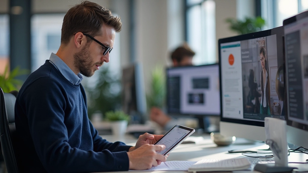Designer testet de gebruikersinterface van een website op meerdere apparaten, met aantekeningen en feedback zichtbaar