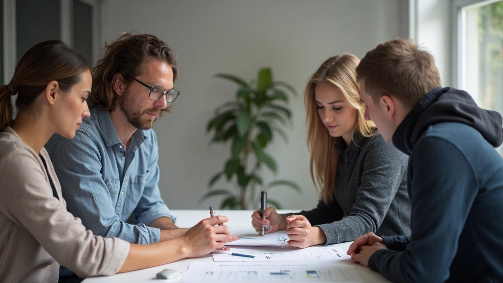 Team discusseert wireframe designs rond whiteboard met annotaties en feedback