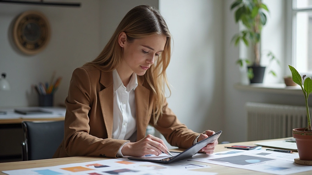 Professionele designerstudio met kleurenpaletten en digitale schermen die webdesignconcepten tonen