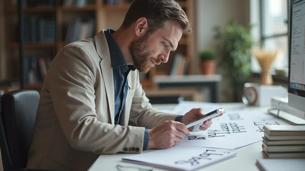 Close-up foto van verschillende typografische lettertypen op papier en scherm, professionele design workspace, detail van lettervormen, natuurlijke verlichting, blurred background, NO text, NO watermarks